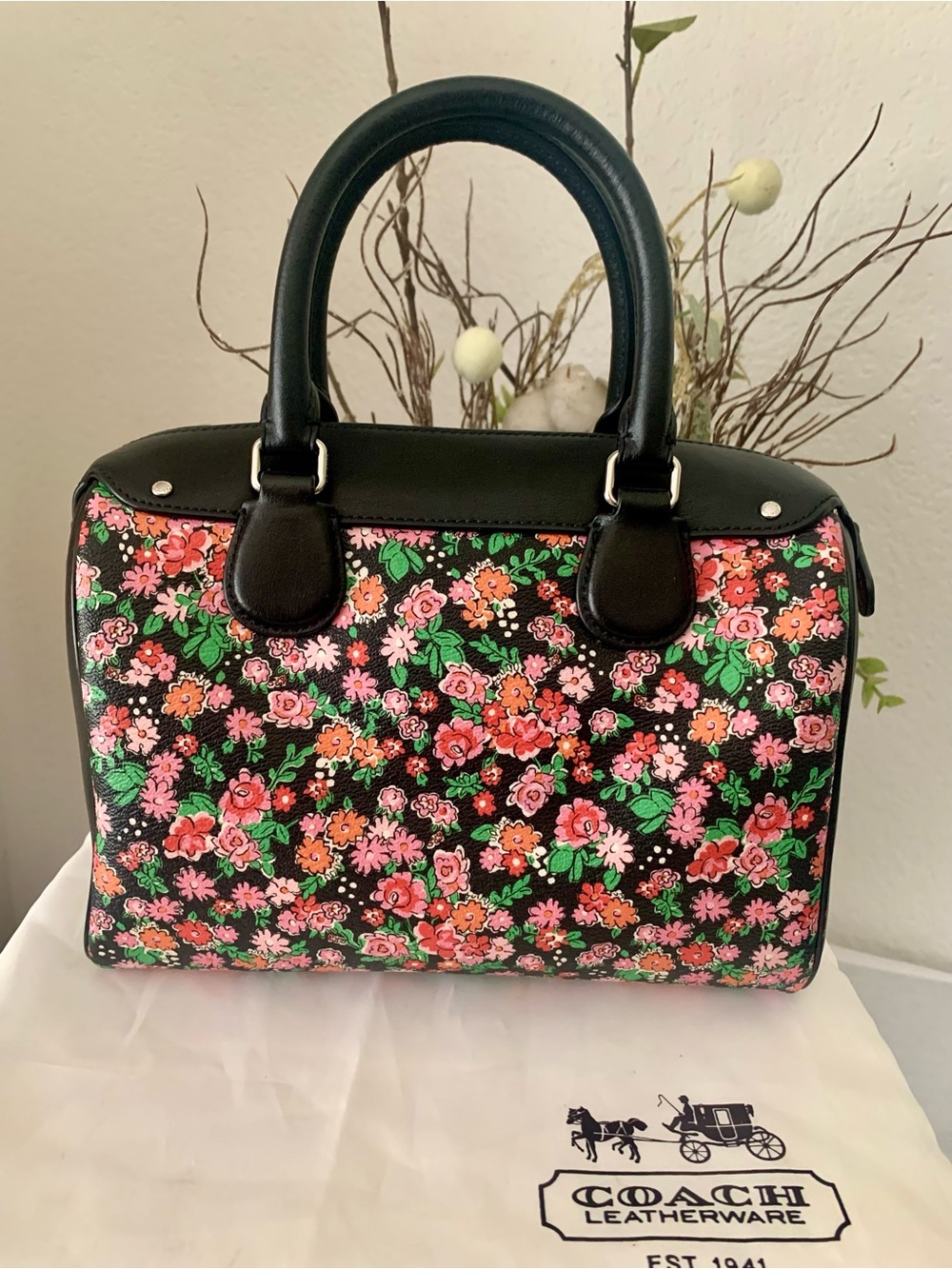 Coach Floral Mini Bennett Print Dome Satchel with Wristlet - Black & Pink - Picture 5 of 5